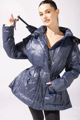 Pearl Peplum Puffer Jacket - Navy POPFLEX®