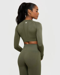 Power Seamless Long Sleeve Crop Top | Khaki WOMEN'S BEST