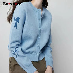 EOTVOTEE Women's Temperament Bow Jacquard Cardigan French Style O Neck Single Breasted Cardigans 2025 New Simple Elegant Sweater