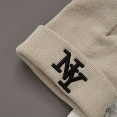1/2/3pcs Unisex Winter Beanie Hats, Solid Color Knitted Warm Outdoor Caps with Embroidered NY Logo, Hand Washable, Black