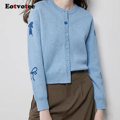 EOTVOTEE Women's Temperament Bow Jacquard Cardigan French Style O Neck Single Breasted Cardigans 2025 New Simple Elegant Sweater