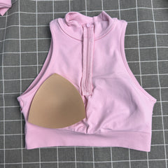 VEQKING 1/4 Zip Tank Top Women Racer Back Yoga Vest with Pads Lapel Sports Crop Tops Shockproof Dynamic Gym Workout Bra Tops