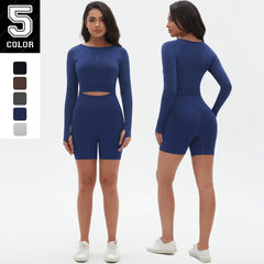 High Waist Seamless Fitness Sports Yoga Shorts Long Sleeved Set Woman Tight Solid Color Workout Top Summer Breathable Yoga Set
