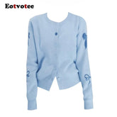 EOTVOTEE Women's Temperament Bow Jacquard Cardigan French Style O Neck Single Breasted Cardigans 2025 New Simple Elegant Sweater