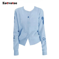 EOTVOTEE Women's Temperament Bow Jacquard Cardigan French Style O Neck Single Breasted Cardigans 2025 New Simple Elegant Sweater