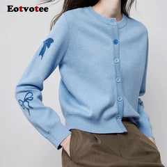 EOTVOTEE Women's Temperament Bow Jacquard Cardigan French Style O Neck Single Breasted Cardigans 2025 New Simple Elegant Sweater