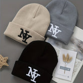1/2/3pcs Unisex Winter Beanie Hats, Solid Color Knitted Warm Outdoor Caps with Embroidered NY Logo, Hand Washable, Black