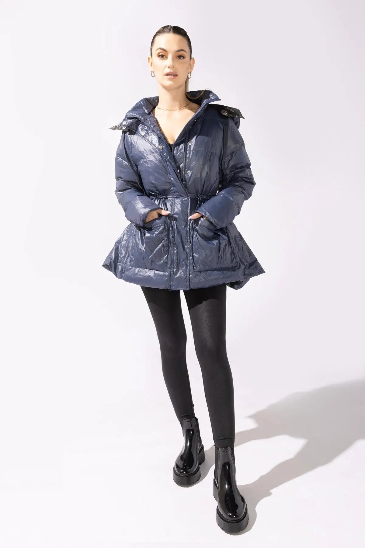 Pearl Peplum Puffer Jacket - Navy POPFLEX®