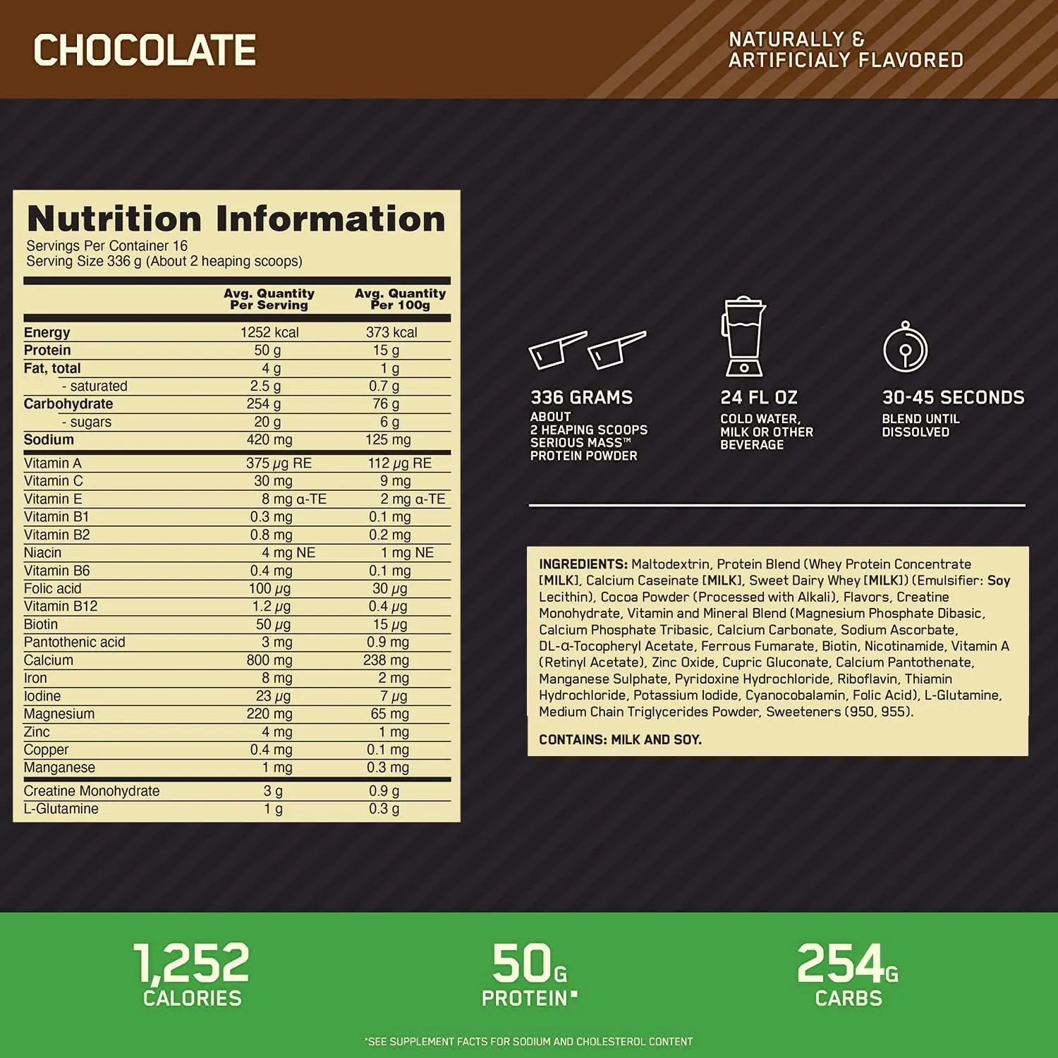 Optimum Nutrition (ON) Serious Mass High Protein and High Calorie Gainer Powder - 6 lbs (Chocolate) with Vitamins and Minerals SAUDI SHARK
