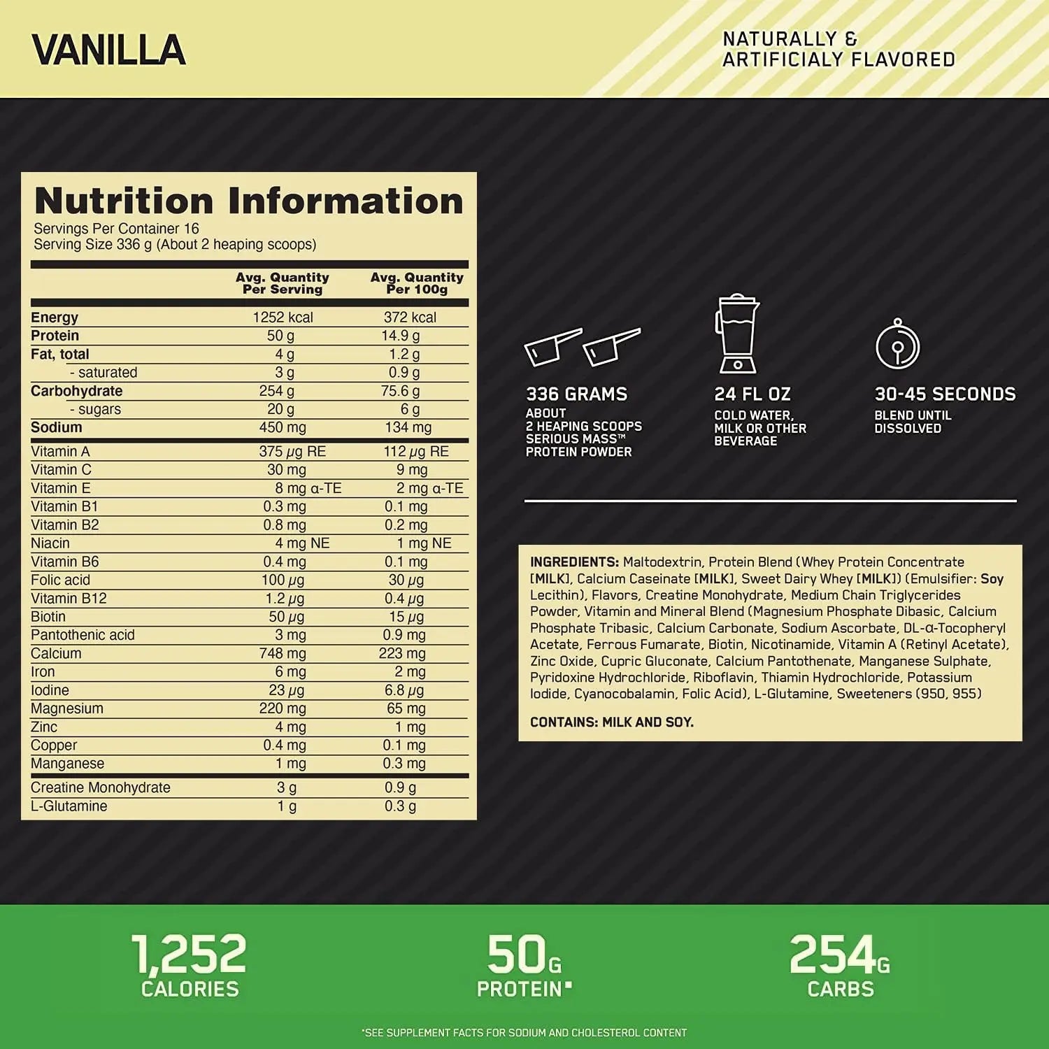 الملصق الغذائي لمسحوق بروتين الفانيليا SHARK Serious Mass، مصمم لأولئك الذين يتطلعون إلى زيادة أوزانهم.
