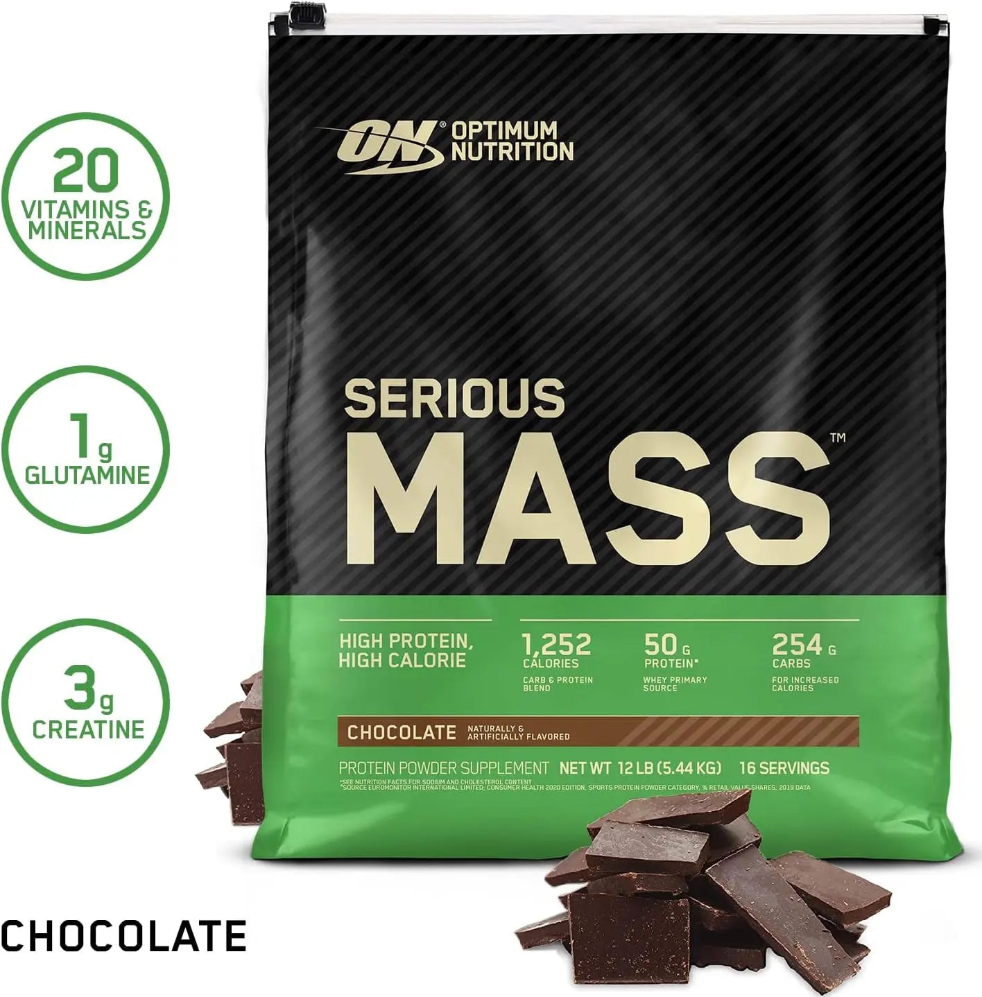 Optimum Nutrition (ON) Serious Mass High Protein and High Calorie Gainer Powder - 6 lbs (Chocolate) with Vitamins and Minerals SAUDI SHARK