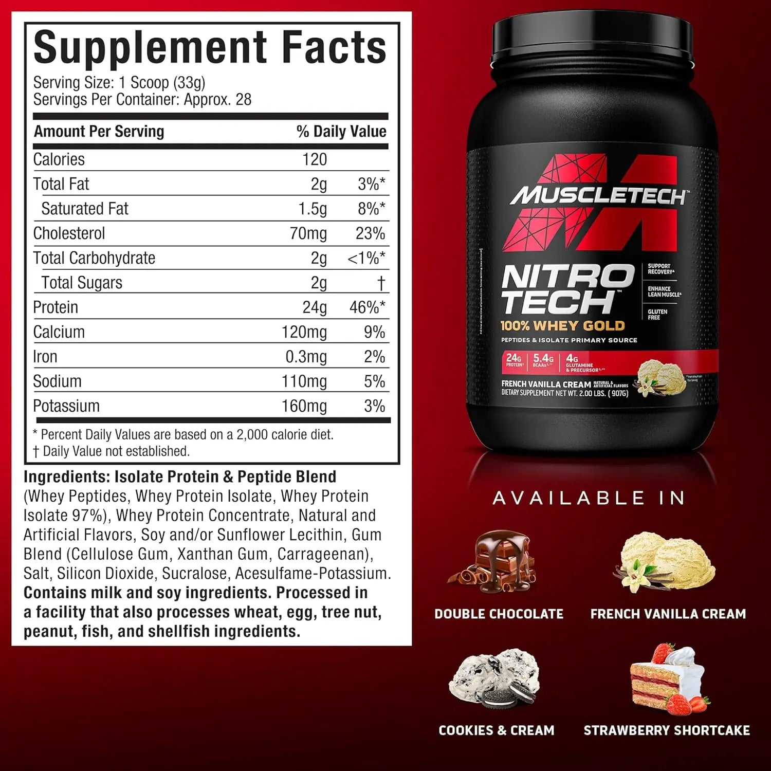 Muscletech Nitro Tech Whey Gold Strawberry Supplement (999g/ 2.20lbs) SAUDI SHARK