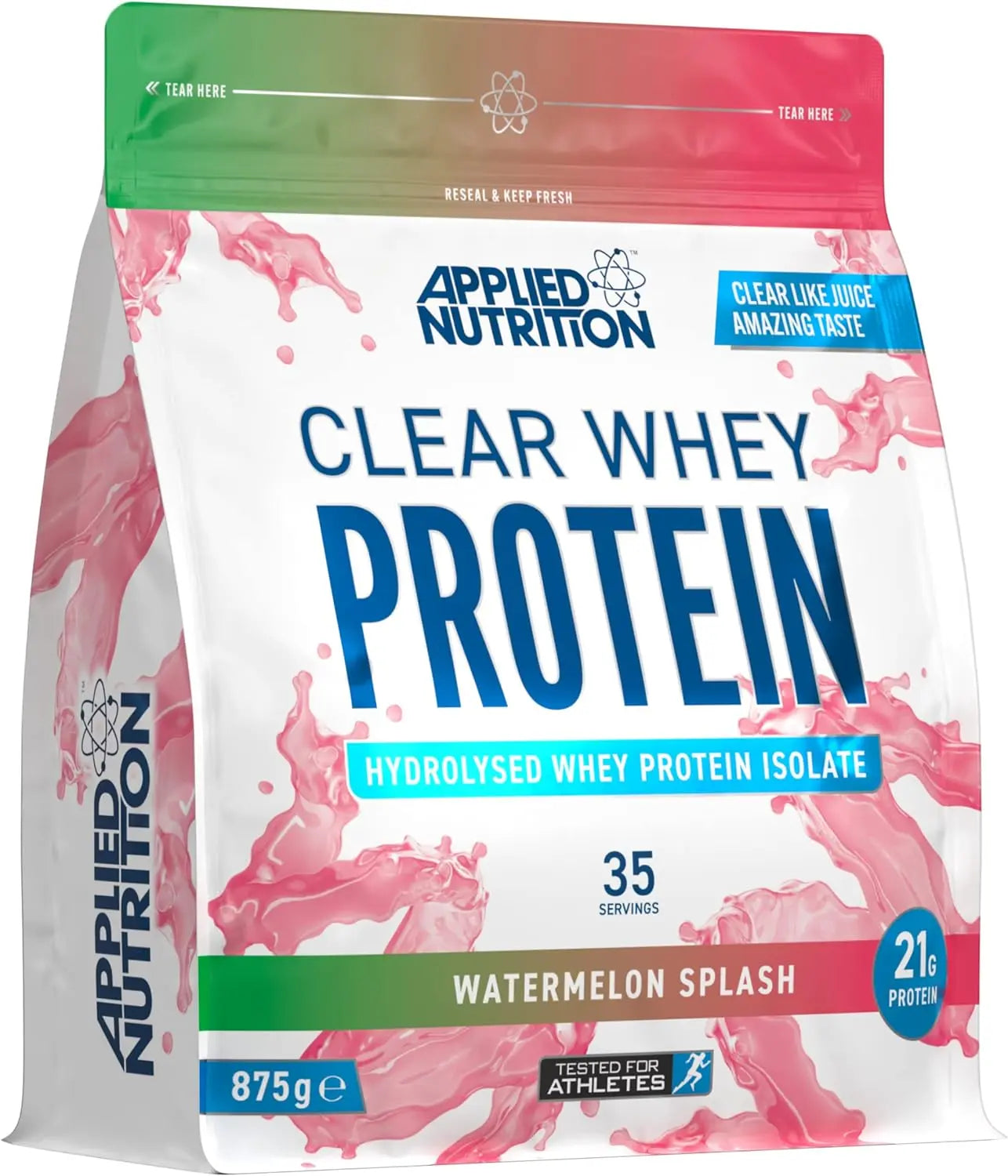 حقيبة عالية الجودة من SAUDI SHARK Applied Nutrition Clear مصل اللبن المعزول - بروتين مصل اللبن المعزول، مسحوق منعش عالي البروتين، نكهات على شكل عصير الفاكهة (البطيخ) (875 جم - 35 حصة) مع دفقة البطيخ.