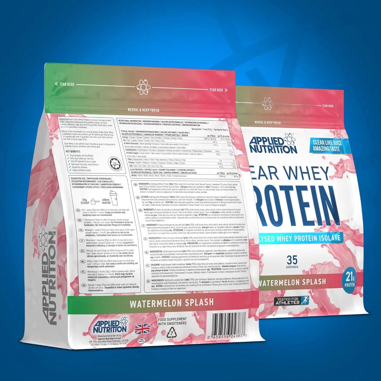 Applied Nutrition Clear Whey Isolate - Whey Protein Isolate, Refreshing High Protein Powder, Fruit Juice Style Flavours (Watermelon) (875g - 35 Servings) SAUDI SHARK