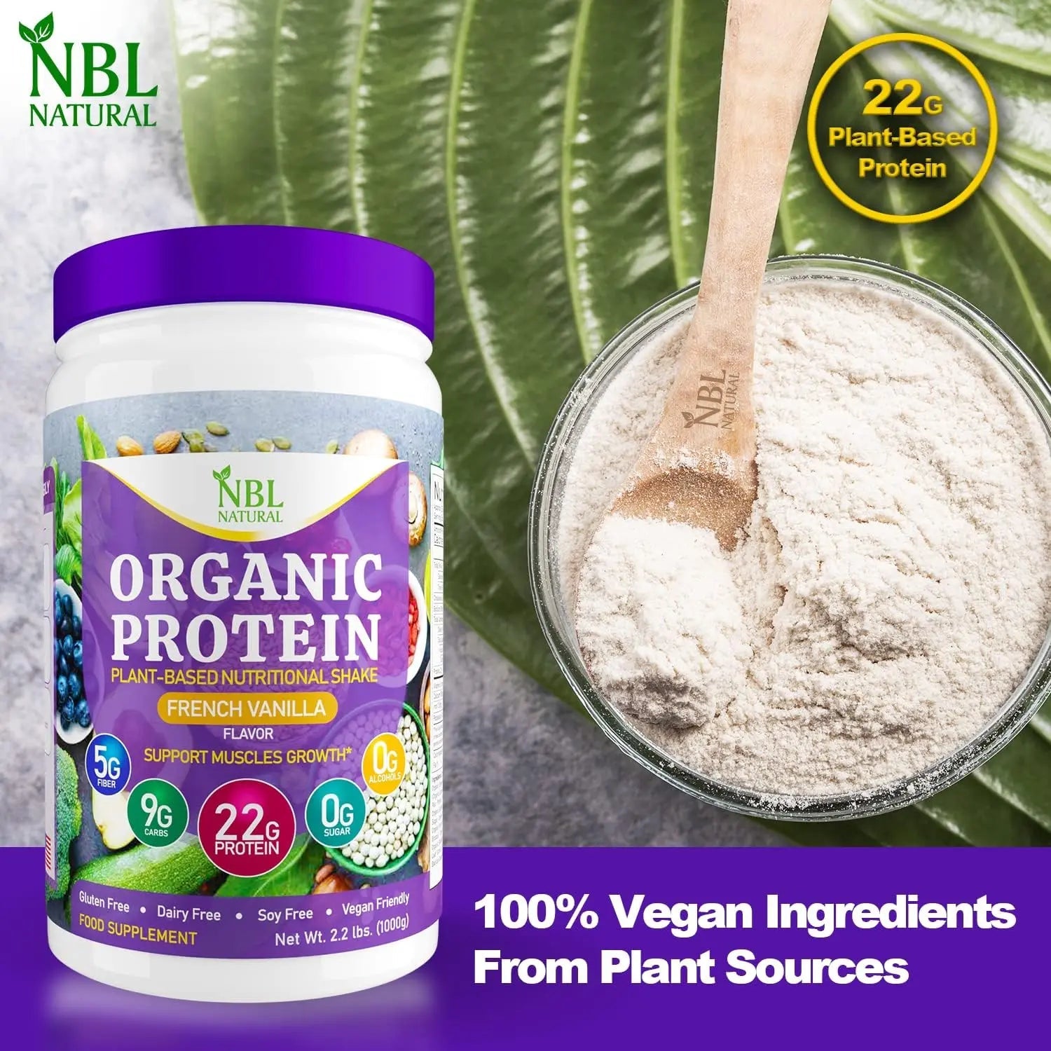 NBL NATURAL Plant Based Organic Protein Powder, Vegan Protein Powder for Men & Women, 22G Protein Per Serving, Non-Dairy, Gluten Free, Lactose Free, No Sugar Added, French Vanilla, 2.2 lb, 25 Servings SAUDI SHARK | براند سعودي