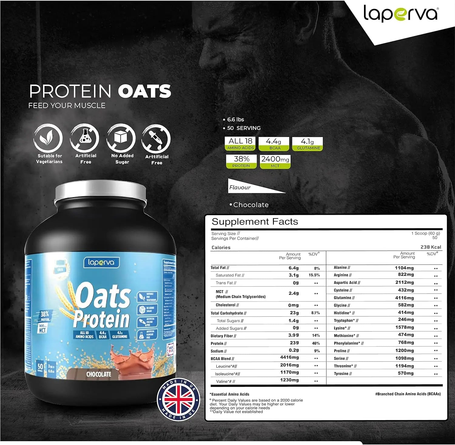 شوفان بروتين - نباتي - مسحوق بروتين شوفان القرش السعودي | بروتين شوفان لابيرفا - مضاف إليه جميع الأحماض الأمينية 18، 4.4 جرام BCAA و4.1 جرام جلوتامين، نباتي، خالي من السكر، خالي من اللاكتوز والنكهات الاصطناعية (الشوكولاتة - 6.6 رطل).