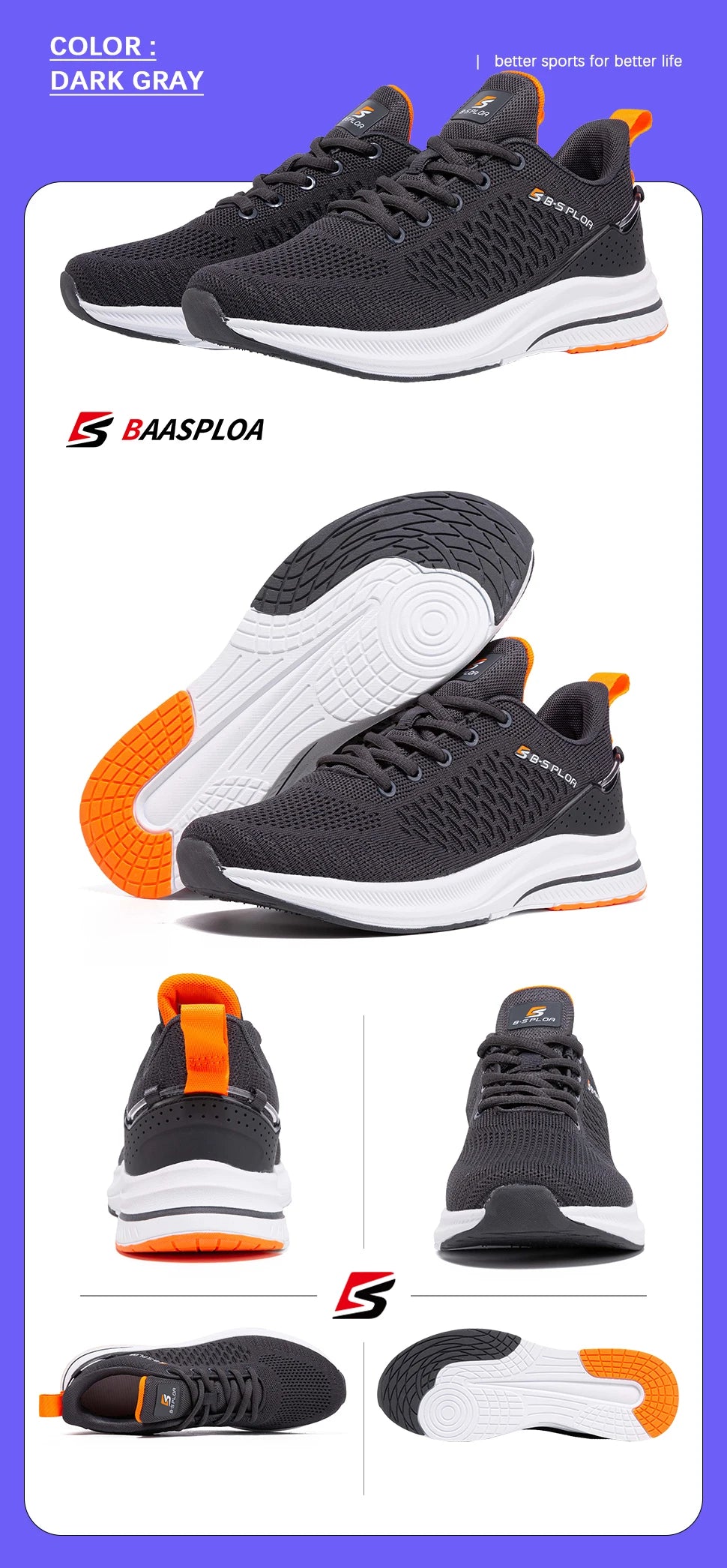 Baasploa Lightweight Running Shoes For Men New Men's Designer Mesh Casual Sneakers Lace-Up Male Outdoor Sports Tennis Shoes
