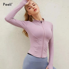 سترة رياضية Peeli بأكمام طويلة سترة رياضية للنساء بسحاب للياقة البدنية واليوجا قميص شتوي دافئ للصالة الرياضية معاطف للجري معاطف للتمرين ملابس للنساء من العلامة التجارية power up، بنسيج البوليستر والسباندكس، مقاسات بسيطة.