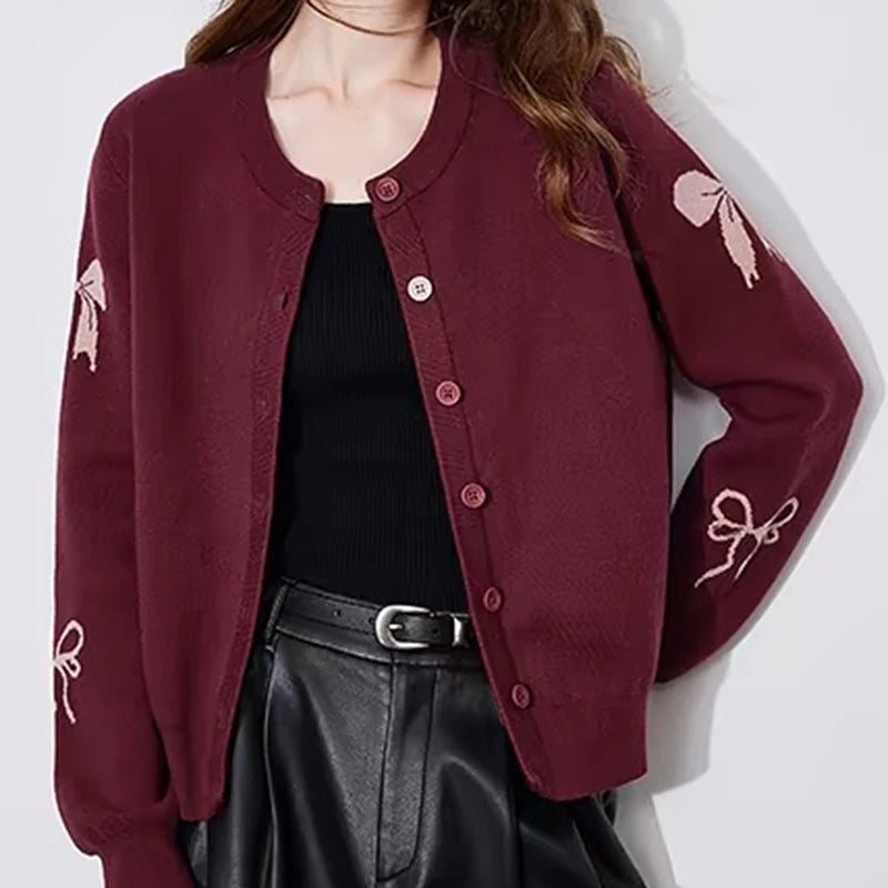 كارديجان نسائي من EOTVOTEE بتصميم فرنسي من قماش الجاكار مع رقبة دائرية وصدر واحد، سترة جديدة بسيطة وأنيقة لعام 2025