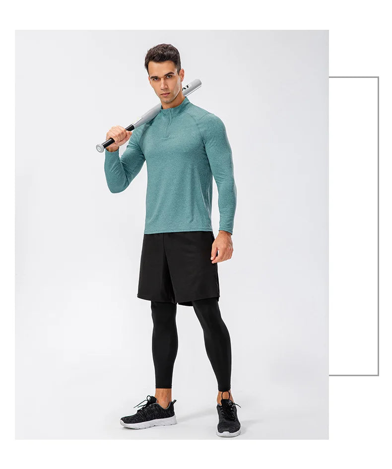 Men's Autumn Fitness Long-Sleeved Quick-Dry Running Tops Half-Zipper Slim-Fit Training Sweatshirt Baselayer Undershirts