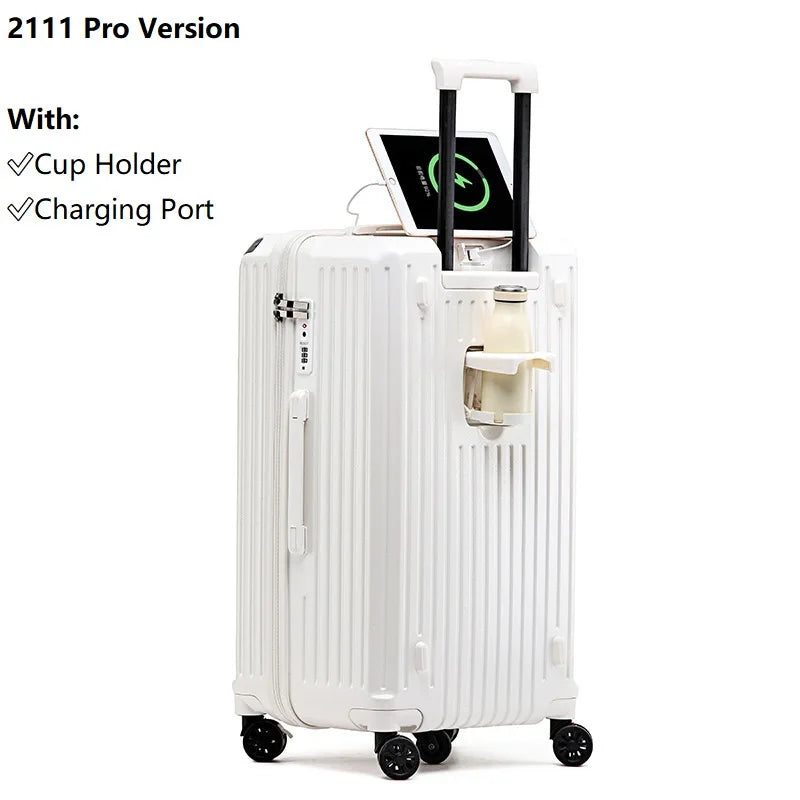 2024 New Large Capacity Cup Holder Luggage Suitcase USB Charging Women Girl Carry-On Boarding Luggage Travel 20/24/26/28 inch