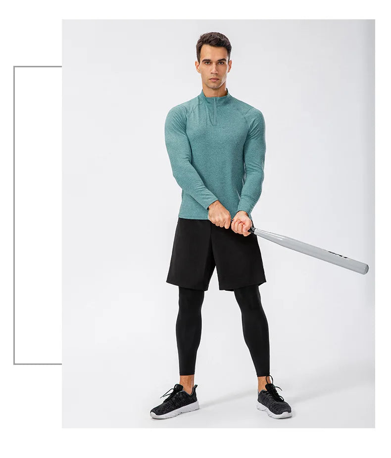 Men's Autumn Fitness Long-Sleeved Quick-Dry Running Tops Half-Zipper Slim-Fit Training Sweatshirt Baselayer Undershirts