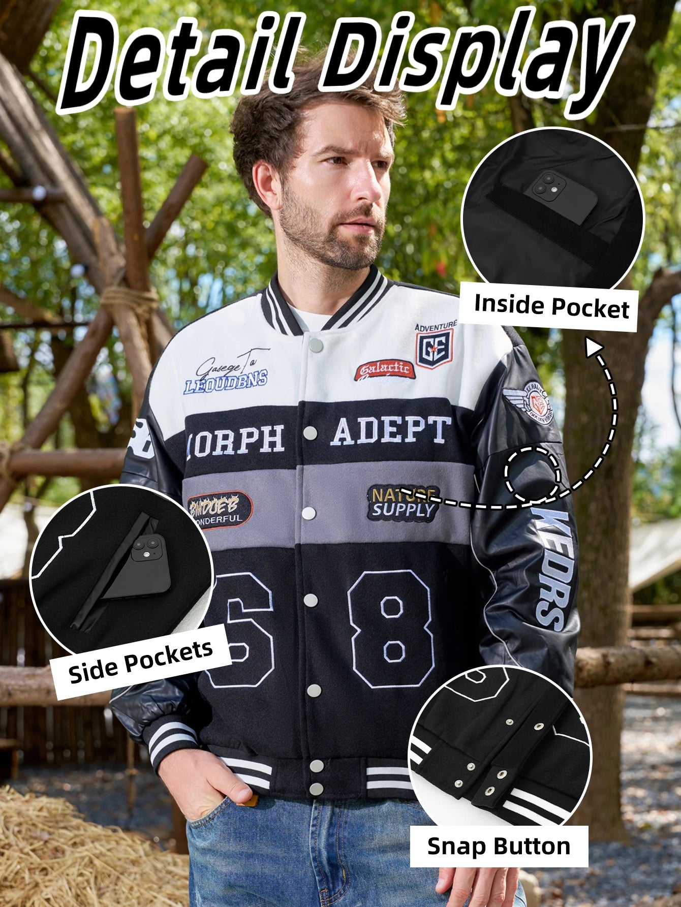 Men's Colorblock Bomber Jacket,Drop Shoulder Design,Casual Long Sleeve,Zipper Pocket,Fall & Winter Fashion Outerwear