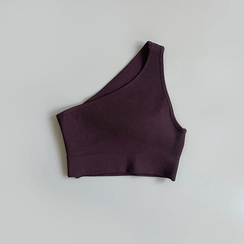 One Shoulder Cut Out Back Sports Bra Women Breathable Running Yoga Crop Top