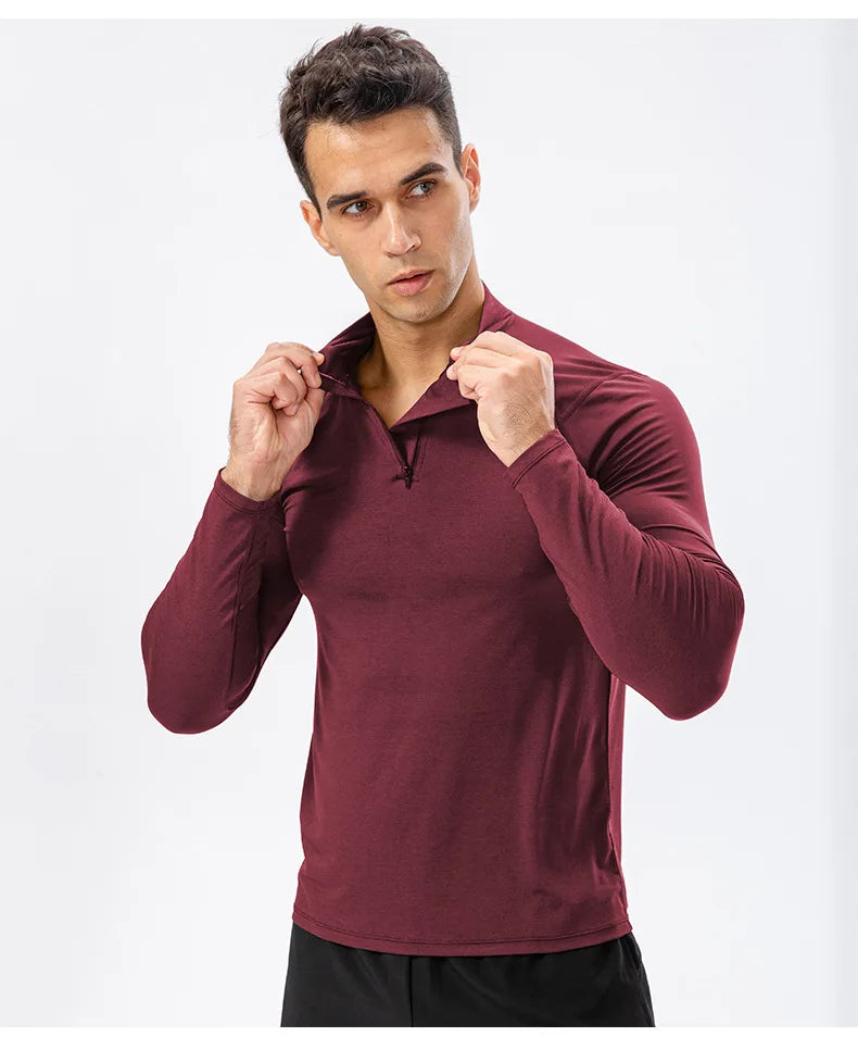 Men's Autumn Fitness Long-Sleeved Quick-Dry Running Tops Half-Zipper Slim-Fit Training Sweatshirt Baselayer Undershirts