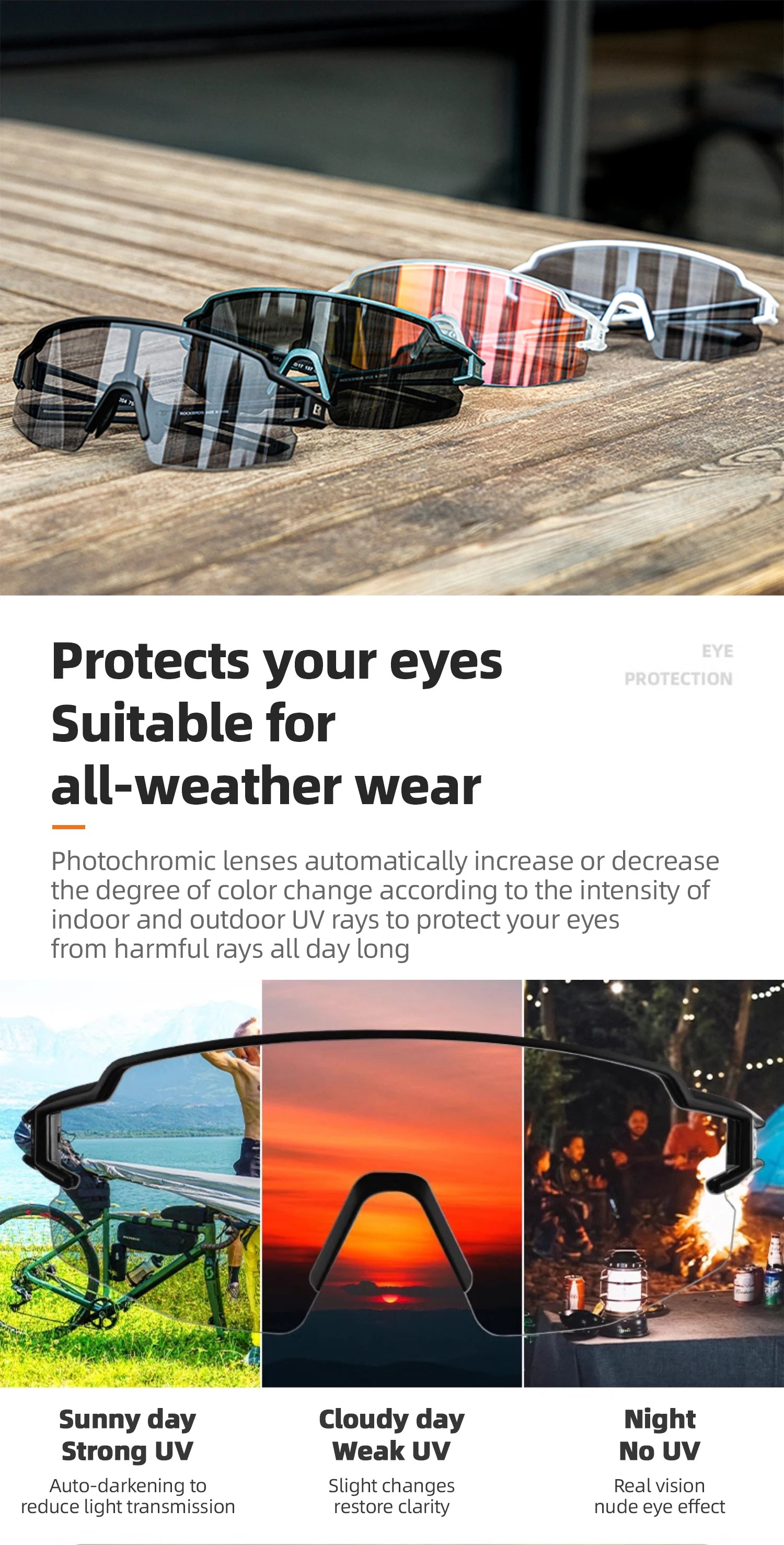 ROCKBROS Photochromic Anit-fog Bicycle Glasses UV400 Sun Protection Bike Sunglasses Sports Run MTB Road Cycling Eyewear Goggles