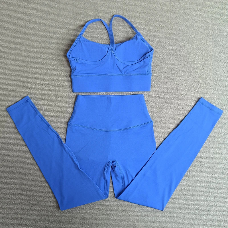 2 Pieces Yoga Clothes Sets Gym Sports Set Fitness Suits Women Cross Back Bra Top High Waist Leggings Running Workout Tracksuit