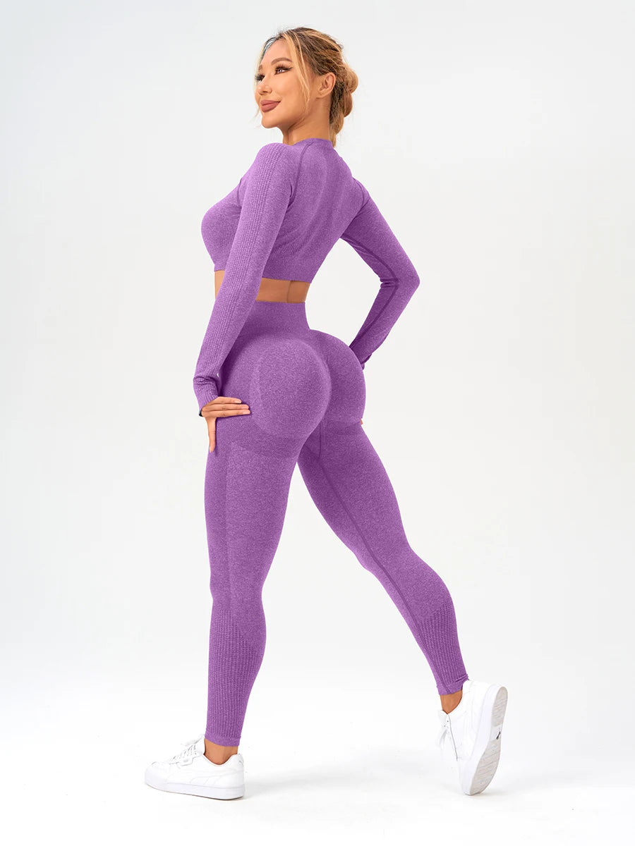 2 pcs/set Long Sleeve Yoga Leggings Set Sportswear Woman Gym Seamless Workout Outfit Yoga Clothes Womens Tracksuit Activewear