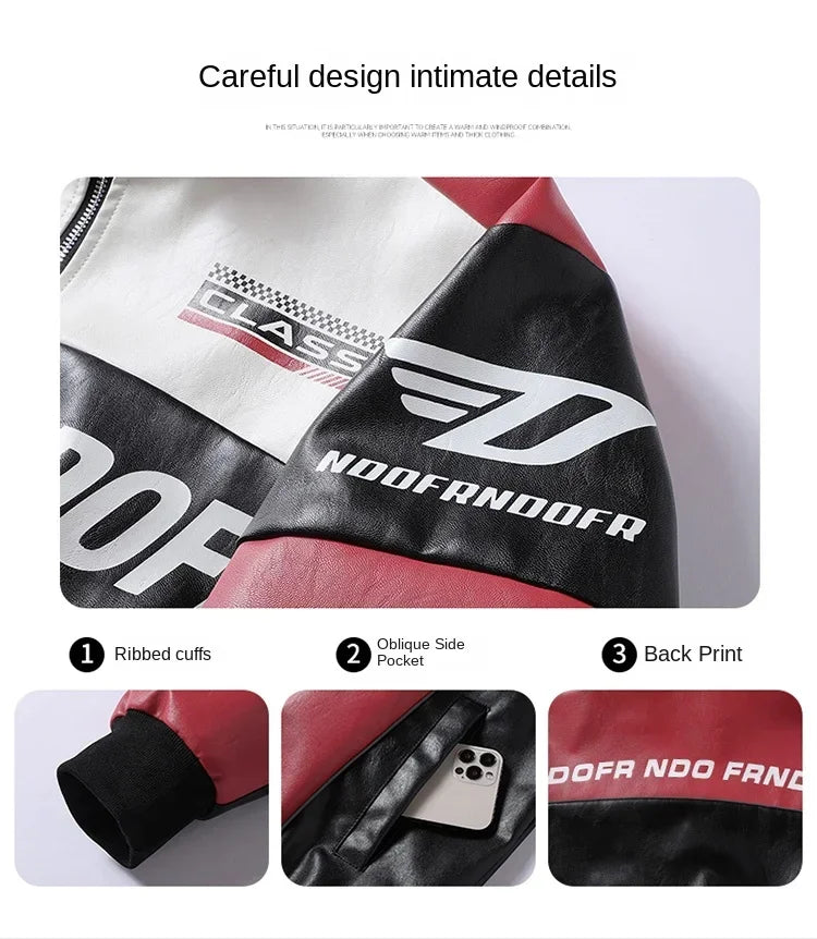 Autumn Motorbike Jacket Men's Stand Collar Leather Jackets Patchwork PU Leather Work Clothes Outdoor Motorcycle Riding Coats Men