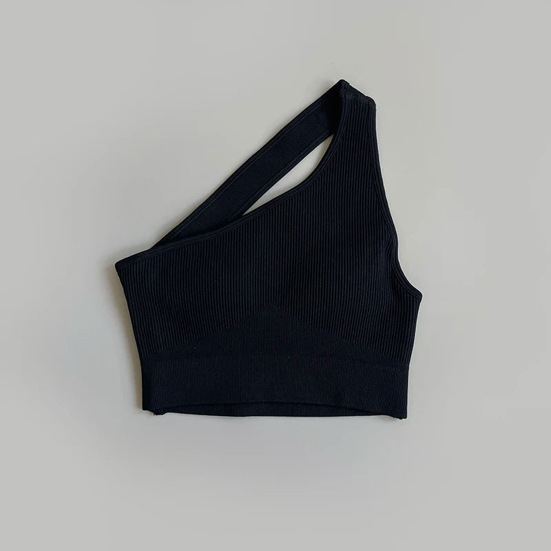 One Shoulder Cut Out Back Sports Bra Women Breathable Running Yoga Crop Top