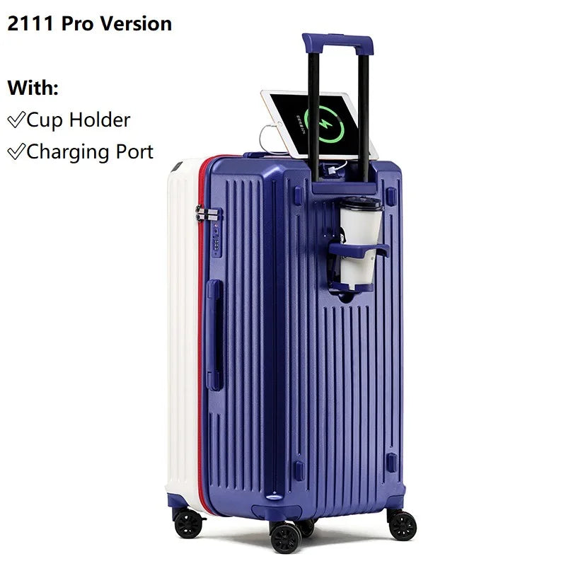 2024 New Large Capacity Cup Holder Luggage Suitcase USB Charging Women Girl Carry-On Boarding Luggage Travel 20/24/26/28 inch
