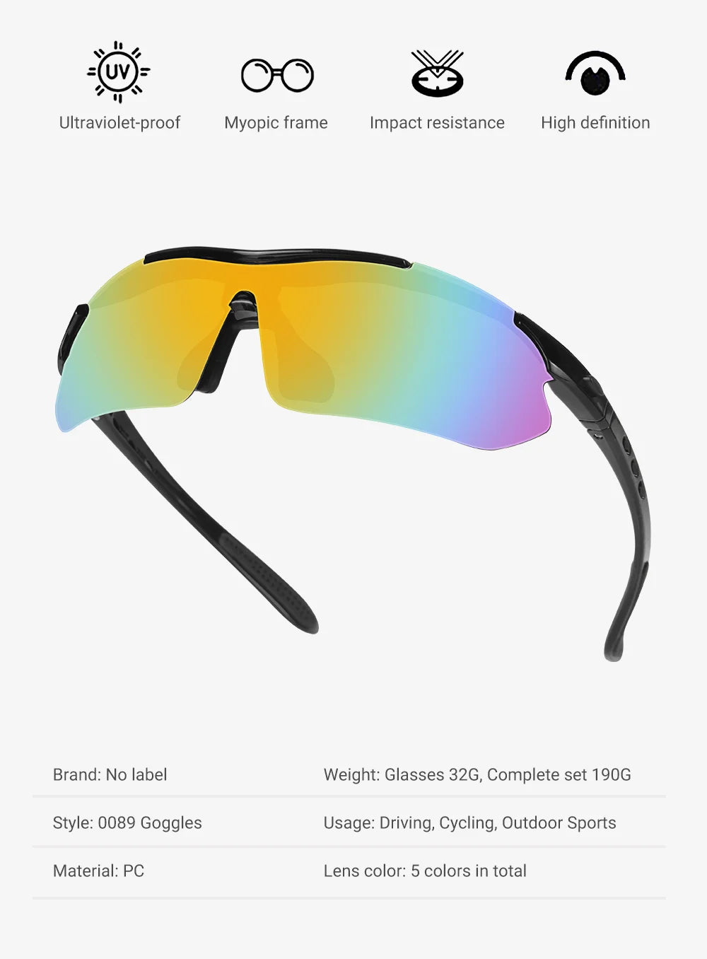 Cycling Glasses 5 Lens Mens Womens Sports Sunglasses Cycling Goggles MTB Road Anti-glare Riding Bicycle Bike Eyewear Protection