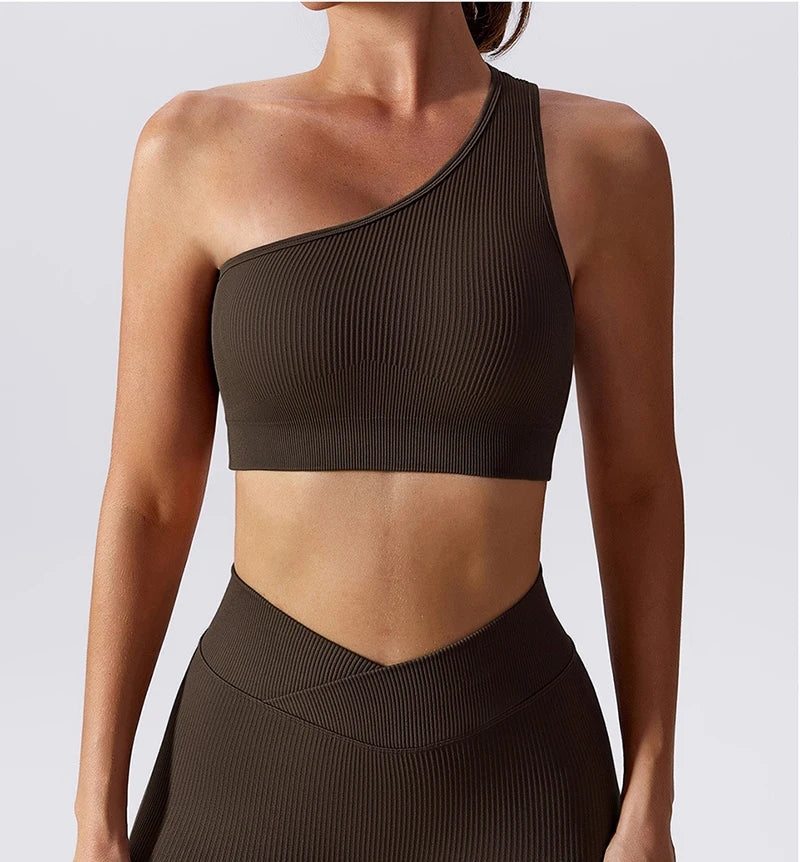 One Shoulder Cut Out Back Sports Bra Women Breathable Running Yoga Crop Top