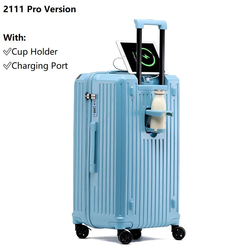 2024 New Large Capacity Cup Holder Luggage Suitcase USB Charging Women Girl Carry-On Boarding Luggage Travel 20/24/26/28 inch