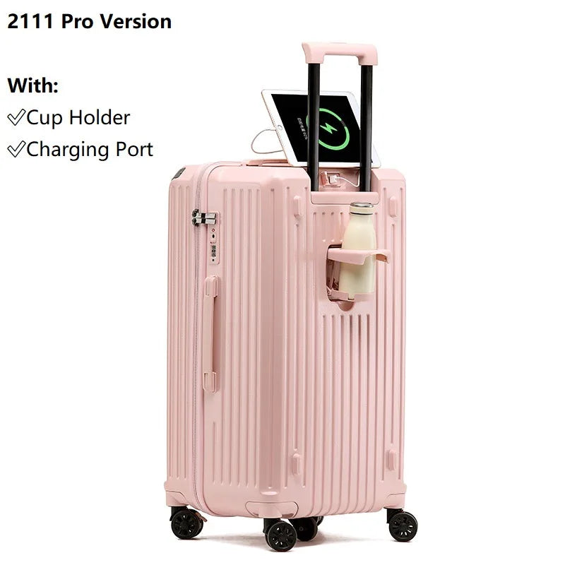 2024 New Large Capacity Cup Holder Luggage Suitcase USB Charging Women Girl Carry-On Boarding Luggage Travel 20/24/26/28 inch