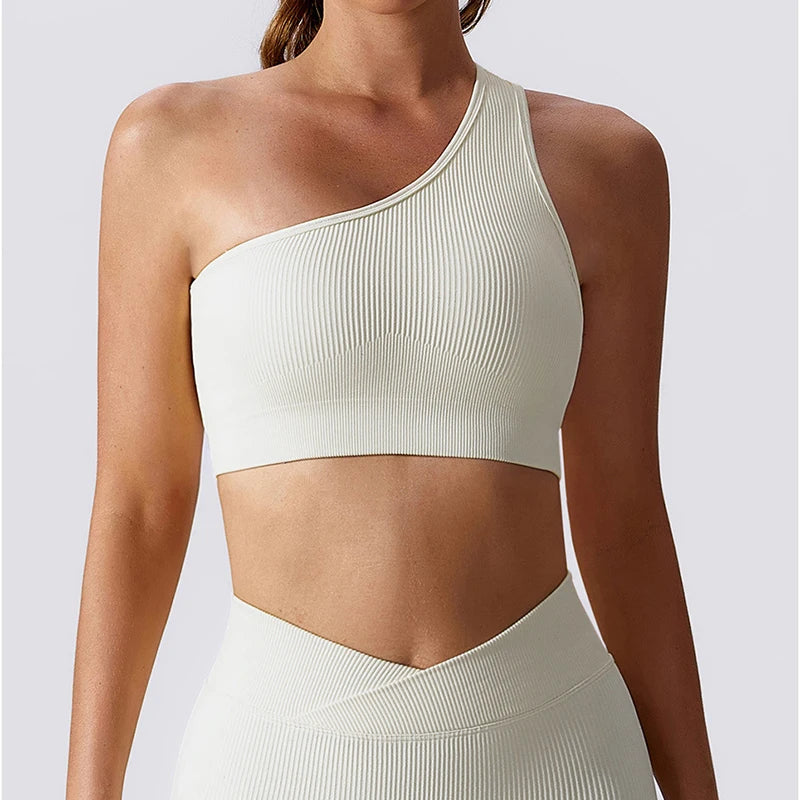 One Shoulder Cut Out Back Sports Bra Women Breathable Running Yoga Crop Top