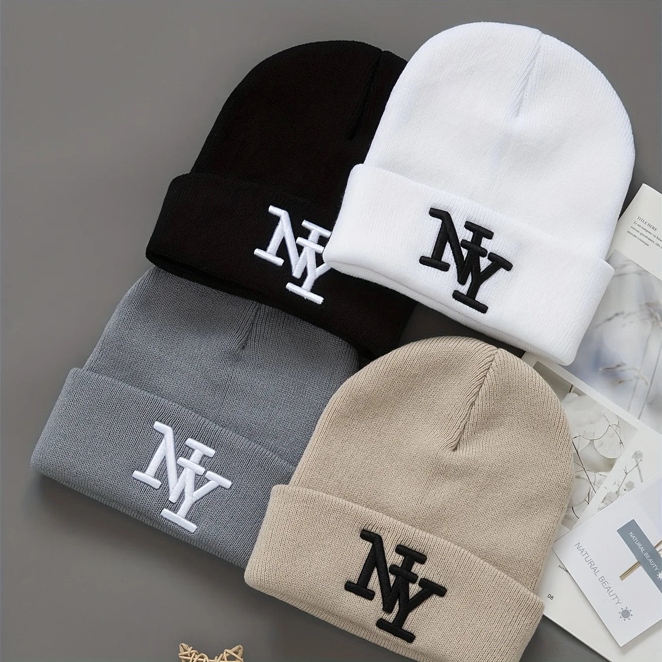 1/2/3pcs Unisex Winter Beanie Hats, Solid Color Knitted Warm Outdoor Caps with Embroidered NY Logo, Hand Washable, Black