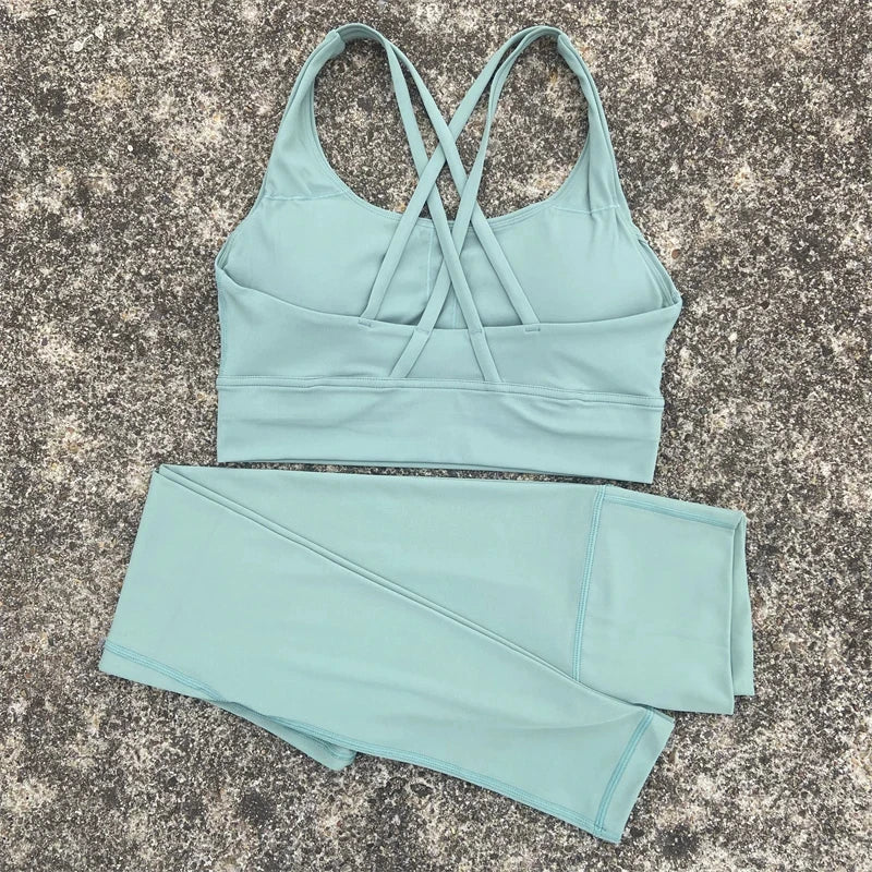 Solid color Tight Women cross Back shoulder straps fitness Bra Top +High waist Yoga Leggings 2pc Gym Yoga Set Athletic sportwear