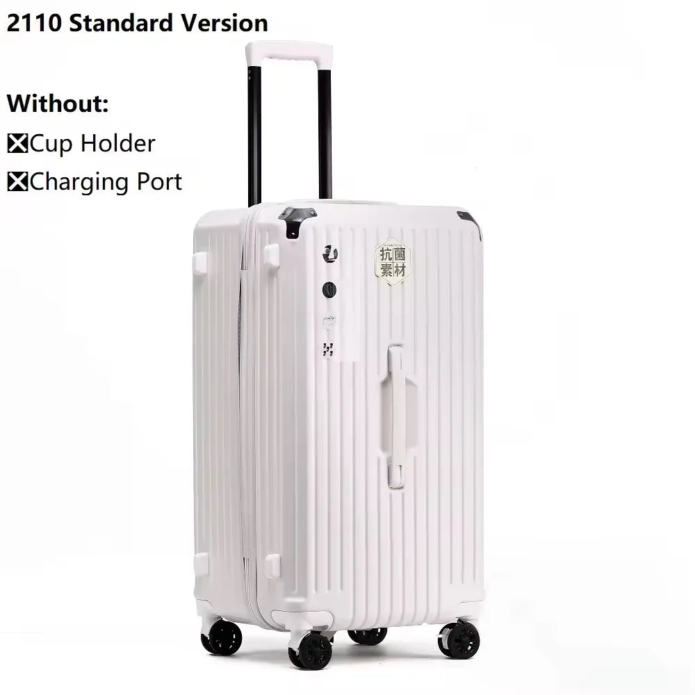 2024 New Large Capacity Cup Holder Luggage Suitcase USB Charging Women Girl Carry-On Boarding Luggage Travel 20/24/26/28 inch