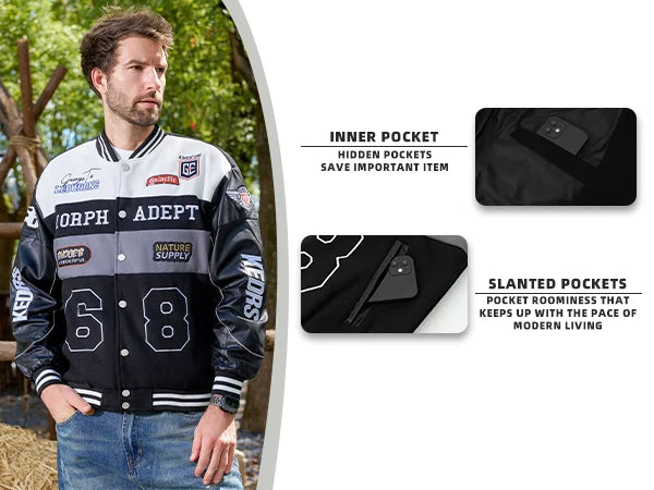 Men's Colorblock Bomber Jacket,Drop Shoulder Design,Casual Long Sleeve,Zipper Pocket,Fall & Winter Fashion Outerwear