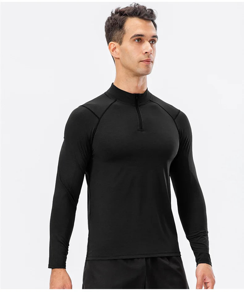 Men's Autumn Fitness Long-Sleeved Quick-Dry Running Tops Half-Zipper Slim-Fit Training Sweatshirt Baselayer Undershirts