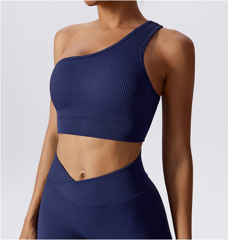 One Shoulder Cut Out Back Sports Bra Women Breathable Running Yoga Crop Top