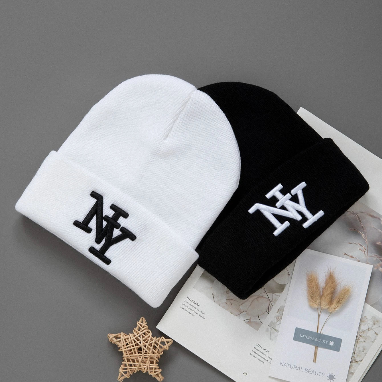 1/2/3pcs Unisex Winter Beanie Hats, Solid Color Knitted Warm Outdoor Caps with Embroidered NY Logo, Hand Washable, Black