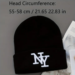 1/2/3pcs Unisex Winter Beanie Hats, Solid Color Knitted Warm Outdoor Caps with Embroidered NY Logo, Hand Washable, Black