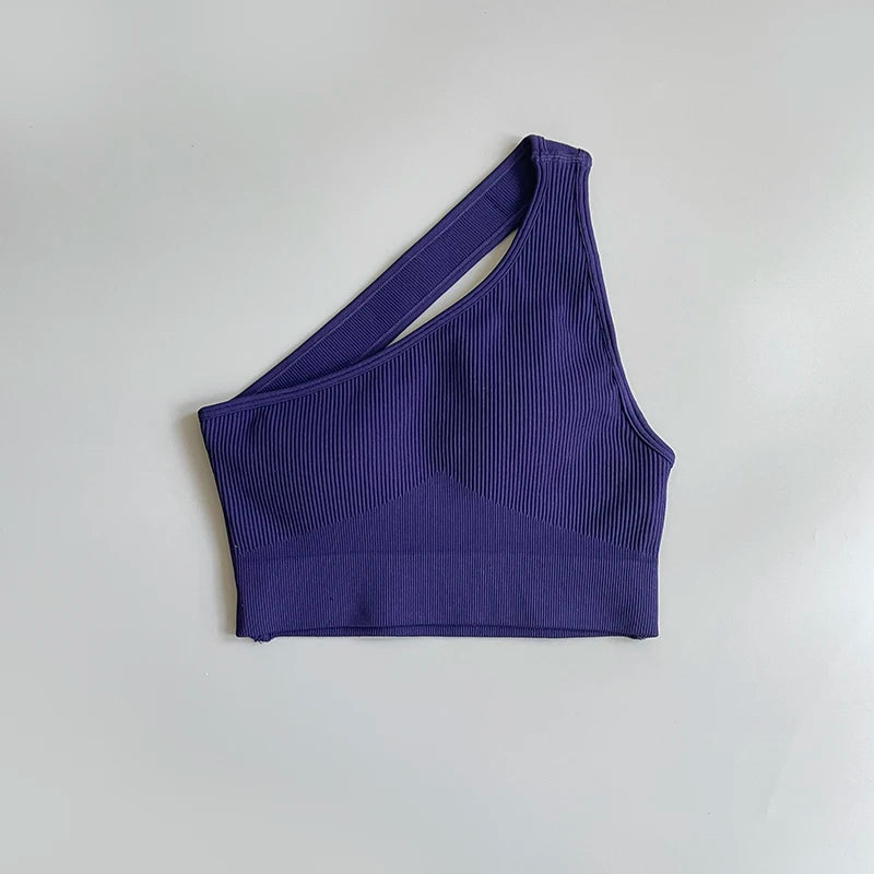 One Shoulder Cut Out Back Sports Bra Women Breathable Running Yoga Crop Top