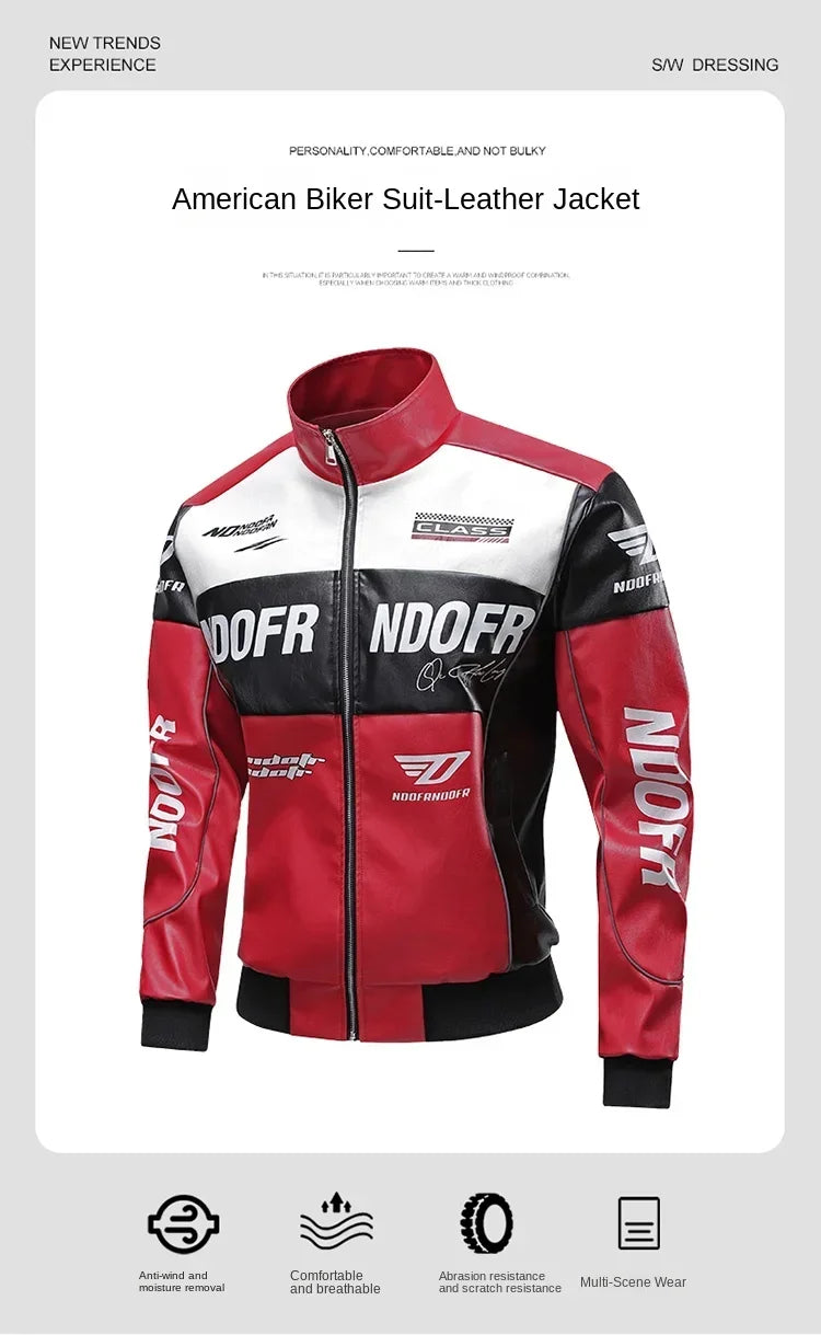 Autumn Motorbike Jacket Men's Stand Collar Leather Jackets Patchwork PU Leather Work Clothes Outdoor Motorcycle Riding Coats Men